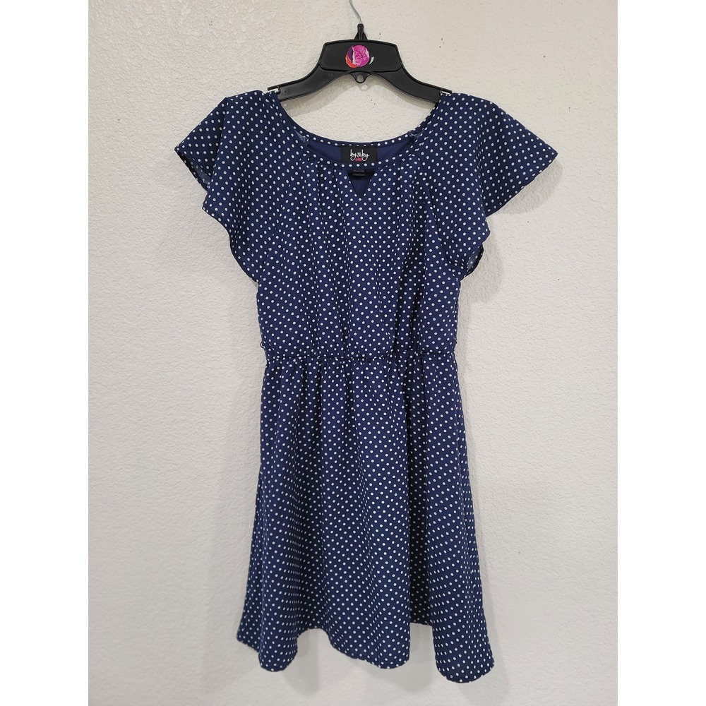 By & By Girl Navy Blue White Polka Dot Flutter Sleeve Fit & Flare Dress 10 #7